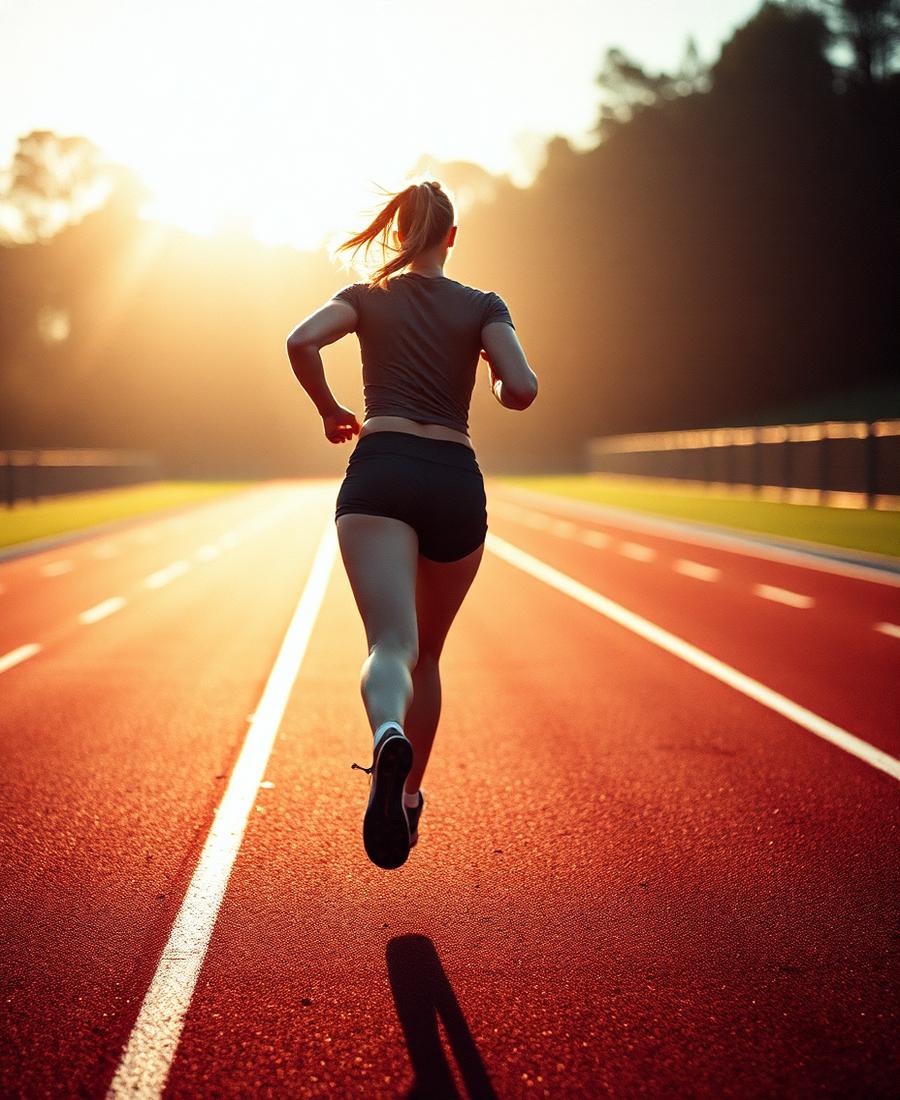 Woman running on a track at dawn