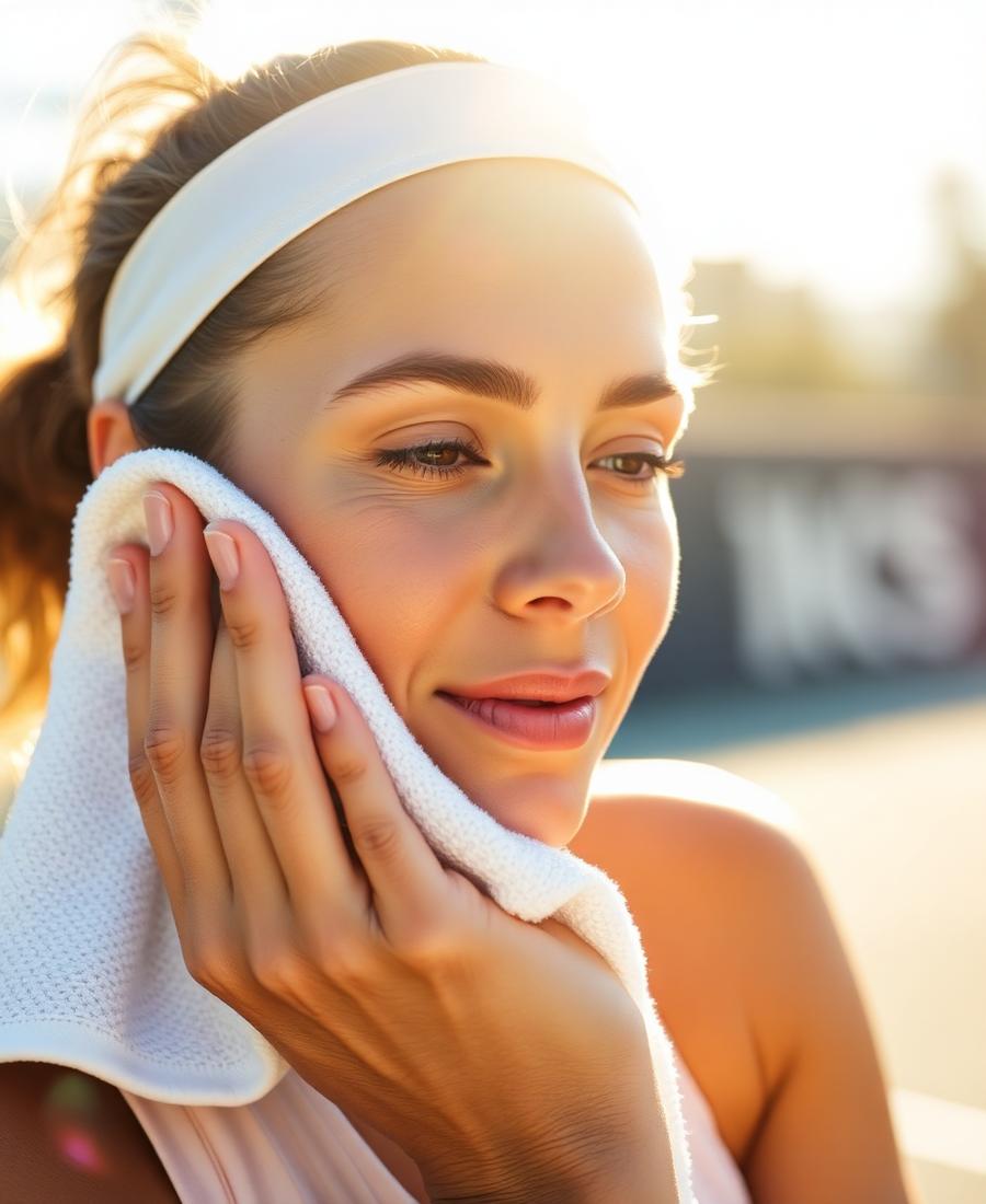 Tennis player cooling her face courtside
