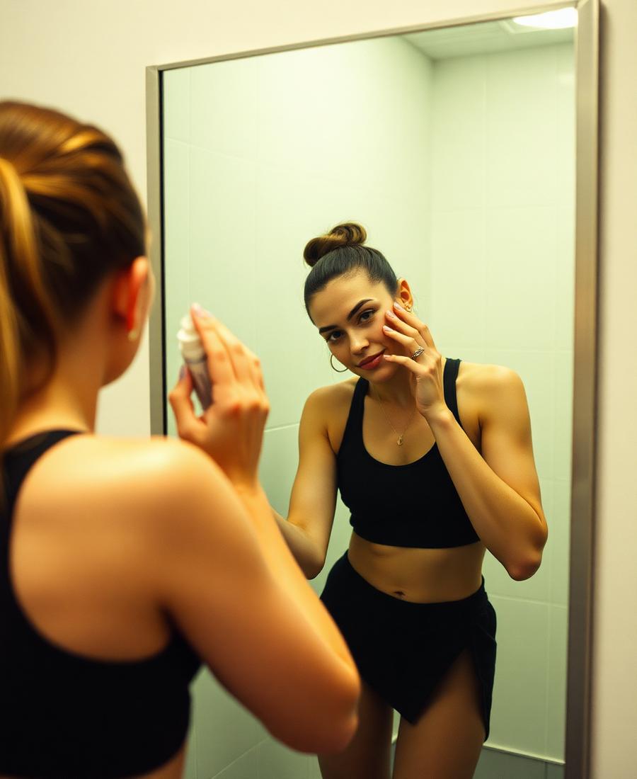 Woman applying Aerial facial mist in a locker room